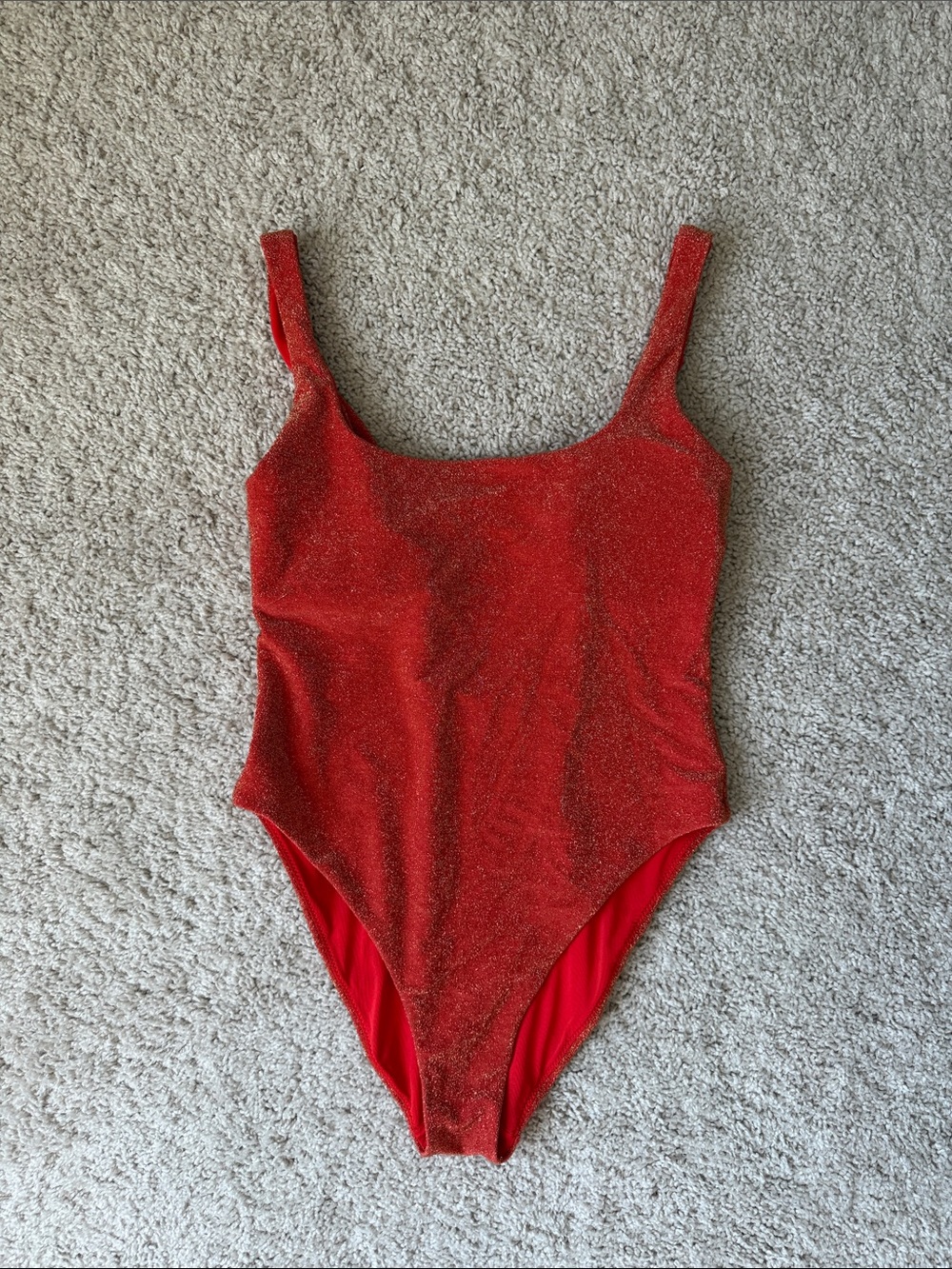 aerie Red Glitter Square-Neck One-Piece Swimsuit